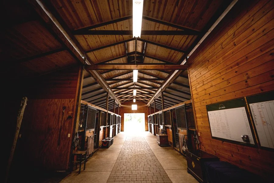 Interior of the custom 16-stall barn used for rehab horses