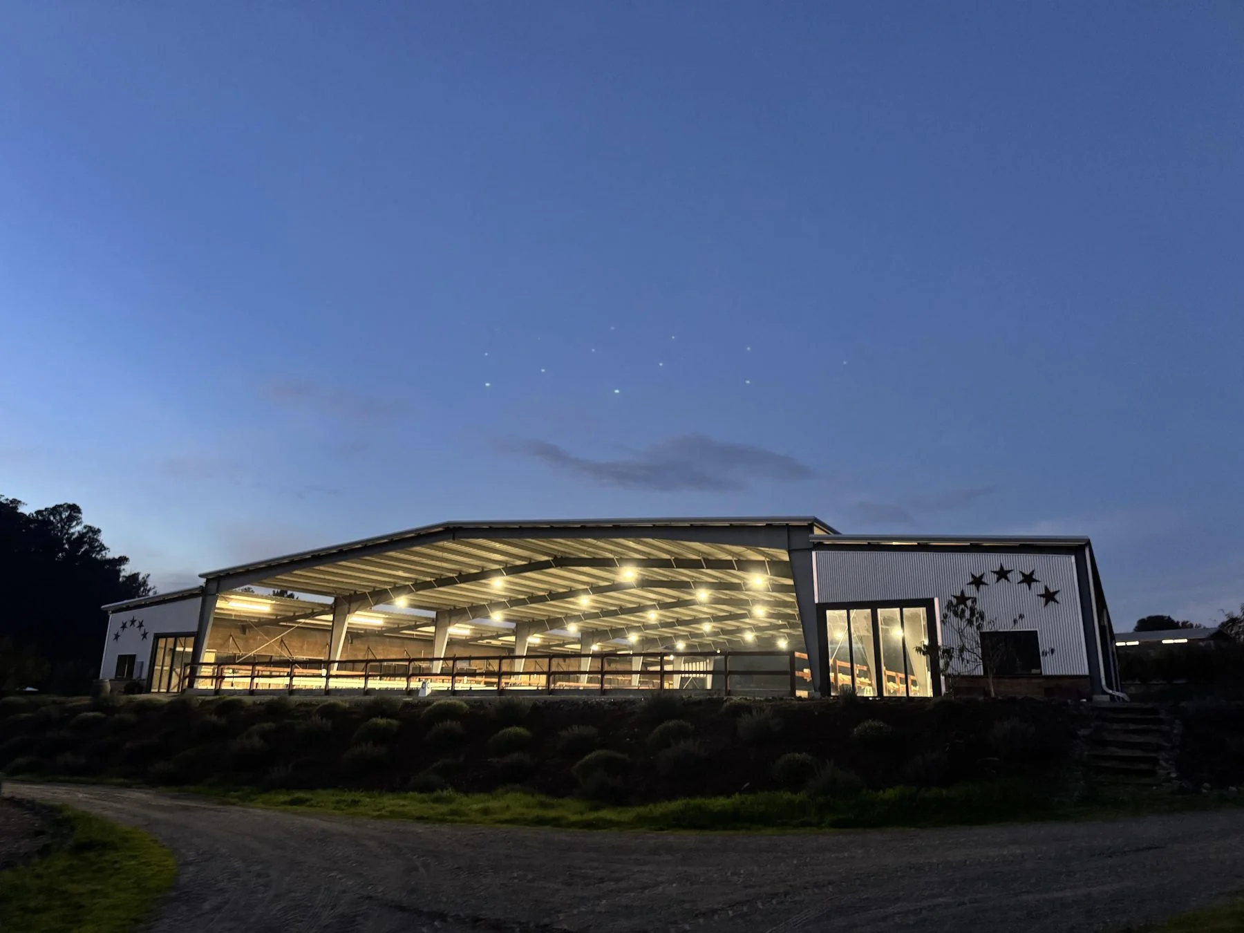 Jaz Creek covered arena at dusk